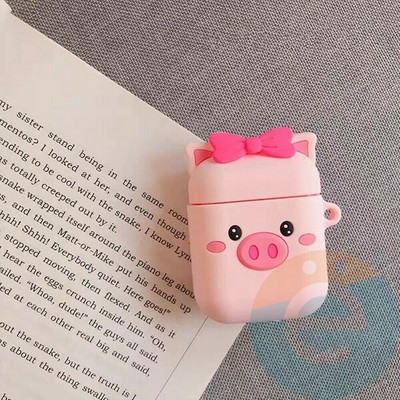 Чехол силиконовый объемный на Apple AirPods 1/2 поросёнок с бантиком 21 - фото 28147