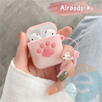 Чехол силиконовый объемный на Apple AirPods 1/2 розовый с лапкой - фото 31469