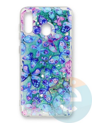 Накладка силиконовая Переливашка с жидкими блёстками на Samsung Galaxy A30/A20 бабочки - фото 35422