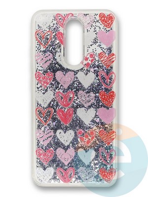 Накладка силиконовая Переливашка с жидкими блёстками на Xiaomi Redmi 8 розовые сердечки - фото 35592