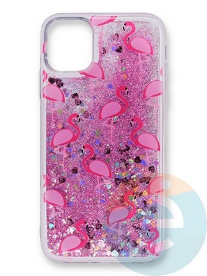 Накладка силиконовая Переливашка с жидкими блёстками на Apple iPhone 11 Pro Max розовый фламинго - фото 35689