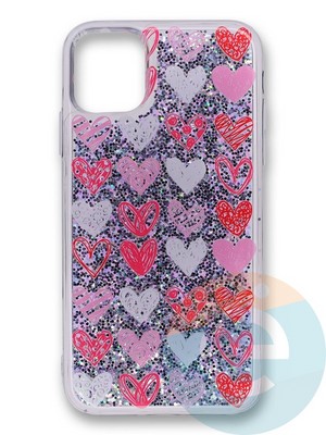 Накладка силиконовая Переливашка с жидкими блёстками на Apple iPhone 11 Pro розовые сердечки - фото 35676