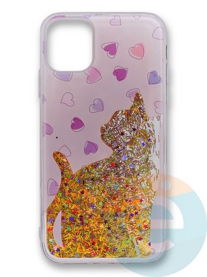 Накладка силиконовая Переливашка с жидкими блёстками на Apple iPhone 11 Pro Max кошка - фото 35683