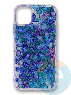 Накладка силиконовая Переливашка с жидкими блёстками на Apple iPhone 11 Pro Max бабочки - фото 35682