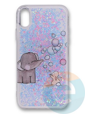 Накладка силиконовая Переливашка с жидкими блёстками на Apple iPhone X/Xs играющий слоненок - фото 35644