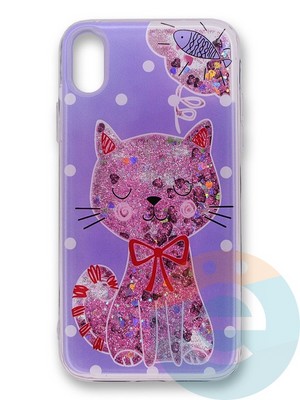 Накладка силиконовая Переливашка с жидкими блёстками на Apple iPhone X/Xs мечтающий котенок - фото 35639