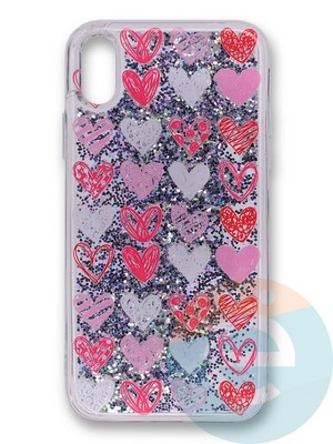 Накладка силиконовая Переливашка с жидкими блёстками на Apple iPhone X/Xs розовые сердечки - фото 35638
