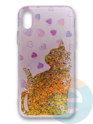 Накладка силиконовая Переливашка с жидкими блёстками на Apple iPhone Xs Max кошка - фото 35657