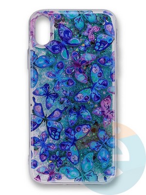 Накладка силиконовая Переливашка с жидкими блёстками на Apple iPhone Xs Max бабочки - фото 35656