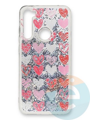 Накладка силиконовая Переливашка с жидкими блёстками на Xiaomi Redmi Note 8 розовые сердечки - фото 35712