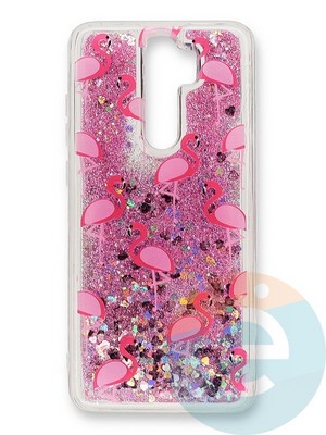 Накладка силиконовая Переливашка с жидкими блёстками на Xiaomi Redmi Note 8 Pro розовый фламинго - фото 35727
