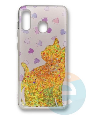 Накладка силиконовая Переливашка с жидкими блёстками на Samsung Galaxy A30/A20 кошка - фото 35764
