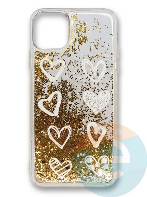 Накладка силиконовая Переливашка с жидкими блёстками на Apple iPhone 11 Pro сердечки - фото 35828