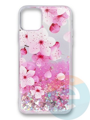 Накладка силиконовая Переливашка с жидкими блёстками на Apple iPhone 11 Pro Max цветы - фото 35840