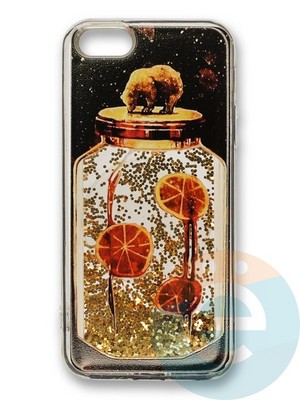 Накладка силиконовая Переливашка с жидкими блёстками на Apple iPhone 5/5s/SE банка лимонада - фото 35790