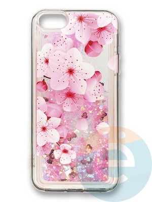 Накладка силиконовая Переливашка с жидкими блёстками на Apple iPhone 5/5s/SE цветы - фото 35788
