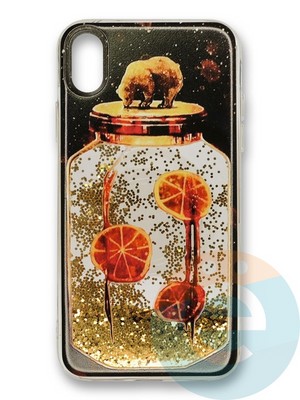 Накладка силиконовая Переливашка с жидкими блёстками на Apple iPhone X/Xs банка лимонада - фото 35806