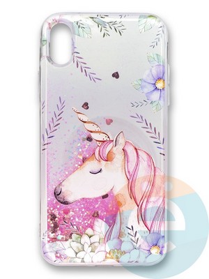 Накладка силиконовая Переливашка с жидкими блёстками на Apple iPhone Xr единорог - фото 35818
