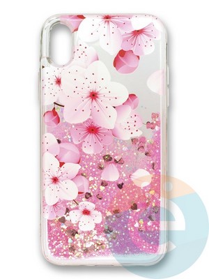Накладка силиконовая Переливашка с жидкими блёстками на Apple iPhone Xs Max цветы - фото 35850