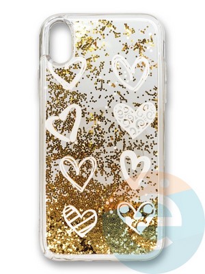 Накладка силиконовая Переливашка с жидкими блёстками на Apple iPhone Xs Max сердечки - фото 35848