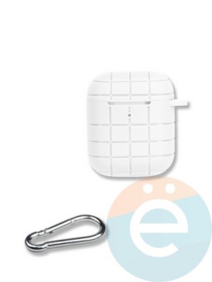Чехол силиконовый для наушников Apple AirPods 1/2 Grid с карабином белый - фото 35903