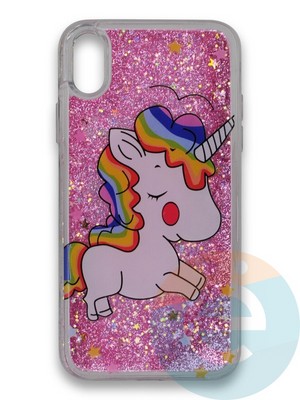 Накладка силиконовая переливашка на Apple Iphone XR Единорожек розовый - фото 39697