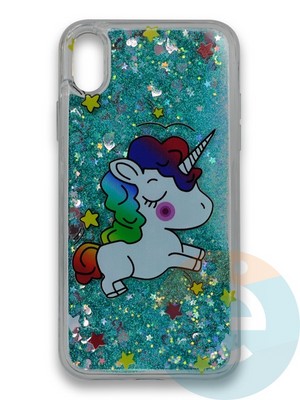 Накладка силиконовая переливашка на Apple Iphone XR Единорожек зеленый - фото 39701