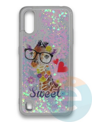 Накладка силиконовая переливашка на Samsung Galaxy A01 Жираф очкарик - фото 39756