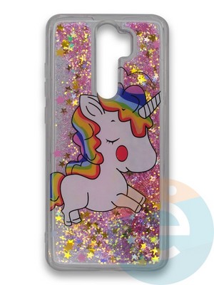 Накладка силиконовая переливашка на Xiaomi NOTE 8 PRO Единорожек розовый - фото 39817