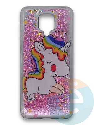 Накладка силиконовая переливашка на Xiaomi REDMI NOTE 9S/9 Pro Единорожек розовый - фото 39847