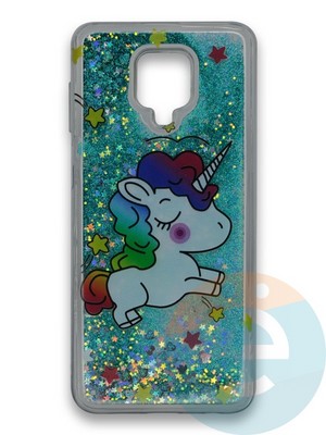 Накладка силиконовая переливашка на Xiaomi REDMI NOTE 9S/9 Pro Единорожек зеленый - фото 39851