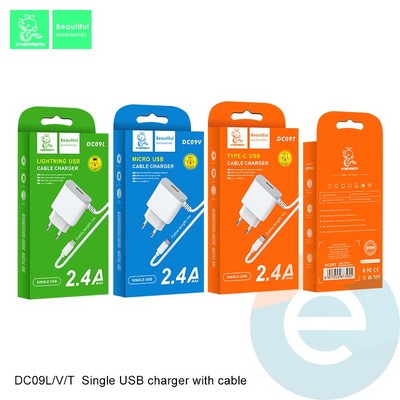 СЗУ Denmen DC09L 2.4A USB + кабель Lightning белое - фото 49705