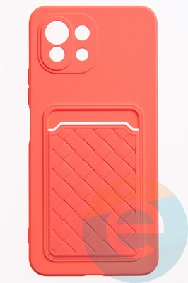 Накладка силиконовая плетеная с кардхолдером для Xiaomi Mi 11 Lite розовая - фото 52322