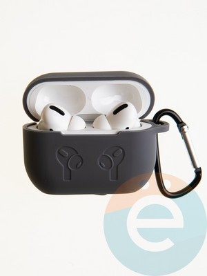 Чехол силиконовый для наушников Apple AirPods Pro 2 с логотипом и карабином темно-серый - фото 57398